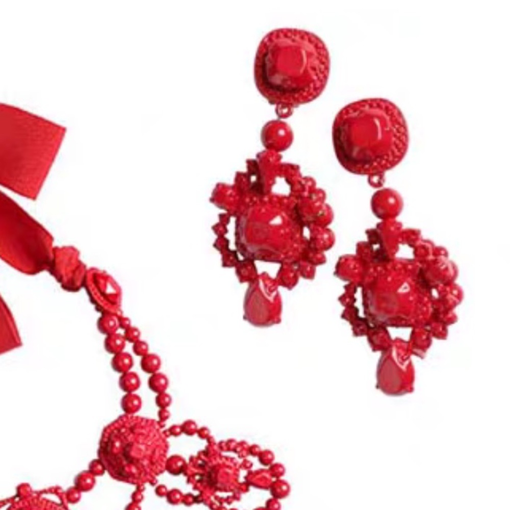 Lanvin for H&M Vibrant Iconic Red Statement Bib Necklace with Earrings